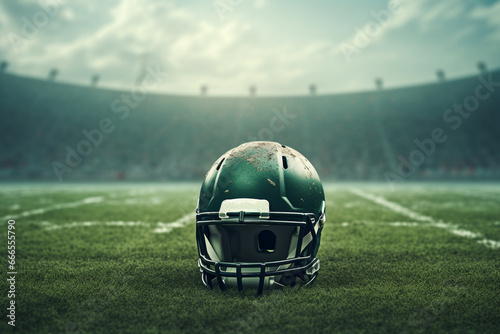 Closeup of american football head gard with stadium background