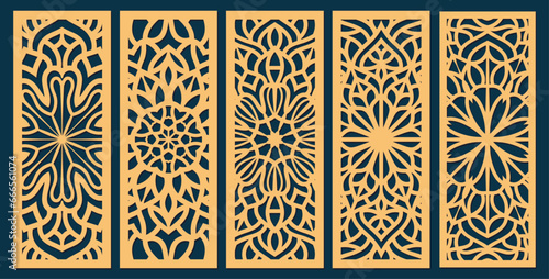 Big set of vertical panels, gratings. Abstract ornament, geometric, classic, oriental pattern, floral and plant motifs. Template for plotter laser cutting of paper, metal engraving, wood carving, cnc.