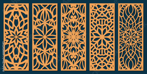 Set of laser cut templates with geometric pattern. For metal cutting, wood carving, panel decor, paper art, stencil or die for fretwork, card background design. Vctor illustration 