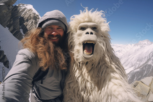 Man and yeti doing a selfie in the Himalayas