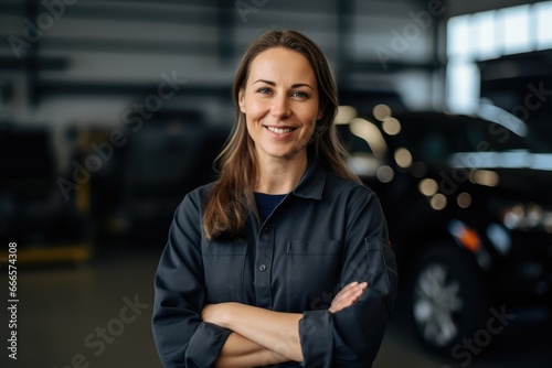 Mechanic in uniform in auto repair shop. Professional woman owner of small business. 