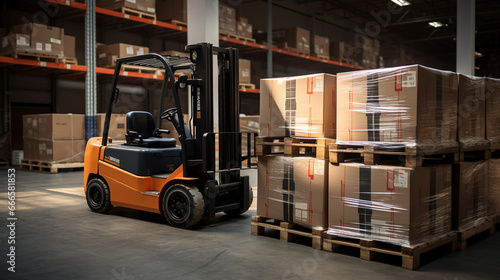 A forklift lifting a loaded pallet with heavy machinery boxes, showcasing the versatility of warehouse equipment. 