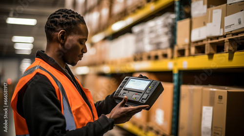 A worker using a handheld scanner to confirm the contents and quantities of boxes on a pallet before shipping from a distribution center. 