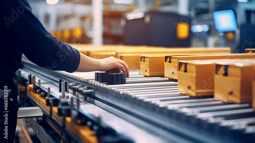 Hands of a skilled factory worker swiftly placing items into boxes on a fast-moving conveyor belt in a high-speed production line. 