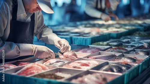 Close-up of a factory employee arranging sealed boxes of fresh seafood products on a conveyor belt, reflecting the seafood industry's standards. 