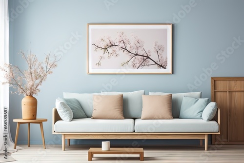 Intérieur de salon scandinave de printemps moderne. Canapé avec coussins en lin rayé bleu pâle. Fleurs de prunier cerisier dans un vase. IA générative, IA
