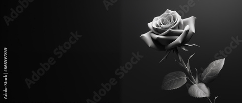 Beautiful black and white rose on black background with copy space.