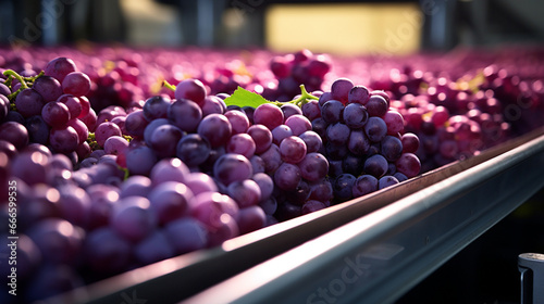 A mesmerizing view of plump grapes gliding down a conveyor belt, ready for sorting and packaging. 