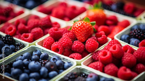 A close-up of boxes filled with a variety of mixed berries, showcasing their natural sweetness and vibrant colors. 