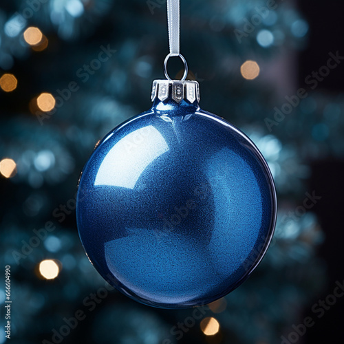 Fondo de primer plano de bola de navidad con reflejos y color azul