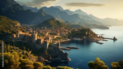 Spectacular scenery with castles on the cliffs and mountains with vegetation and the sea
