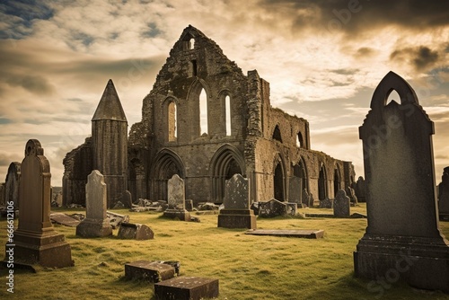 Ancient cathedral ruins amidst tombstones on Cashel Rock, Ireland. Generative AI
