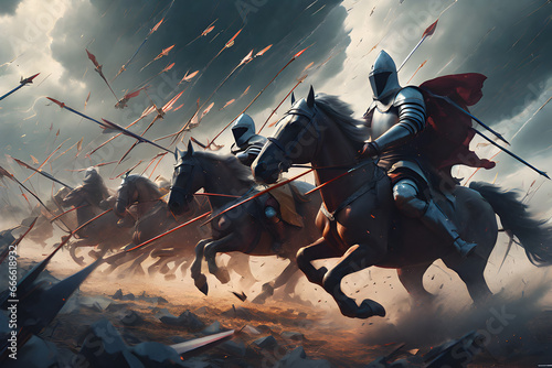 Knight riding a horse with a spear on the battlefield. 3d illustration