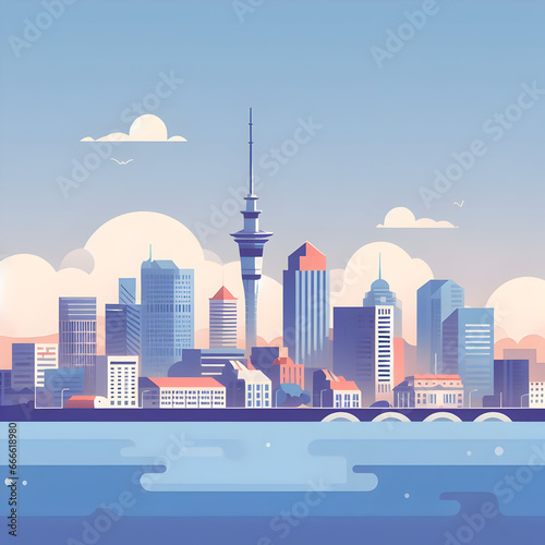 Skyline of Auckland, New Zealand. Vector illustration in flat style. Sky tower with all famous buildings in a modern and minimalist concept.