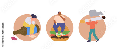 Isolated round icon composition with people cartoon character having different addiction problem