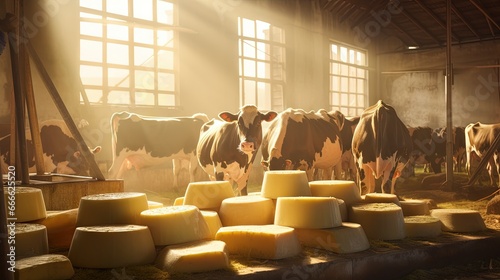 Cows grazing on a sunny morning at a Parmesan cheese farm in Parma Italy awaiting milking