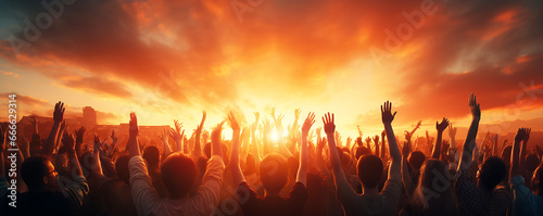 Worship God concept, International human rights day concept: Silhouette people hands rising over blurred abstract autumn sunset background, people hands rising 