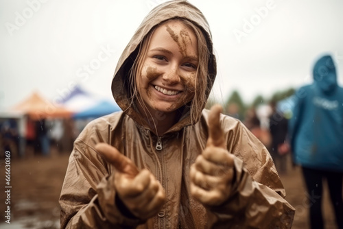 Junge Frau mit Daumen nach oben auf einem Open Air Veranstaltung, bei schlechtem Wetter