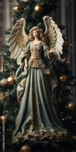 Graceful Angel Christmas Tree Topper Adorns a Vertical, Tall and Sparkling Indoor Christmas Tree