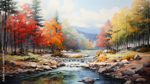 autumn in the mountains watercolor landscape ai generated