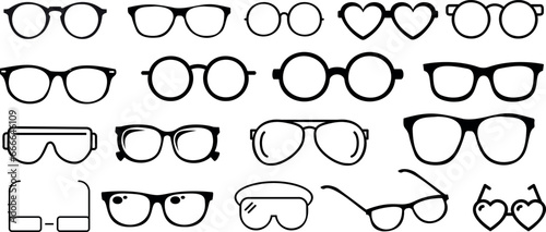 Eyeglasses vector illustration showcasing diverse style. Perfect for optometry, eyewear designs. Features round, square, cat eye, aviator, heart, rectangular, oval, rimless, half rim, full rim glasses