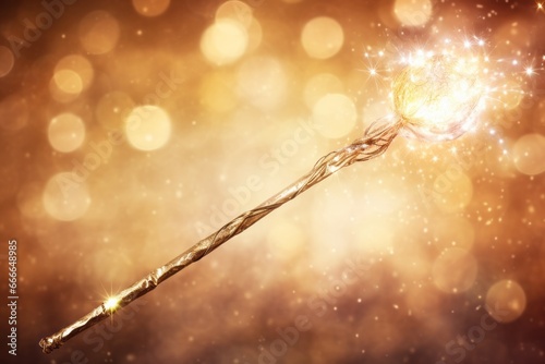 Sparkling magic wizard wand on golden background