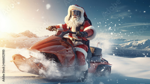 Santa Claus riding a snowmobile over a frozen lake, creating an icy spectacle