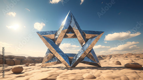 Metallic David star in the sand of desert. Shiny 3D Israel symbol of Magen David.