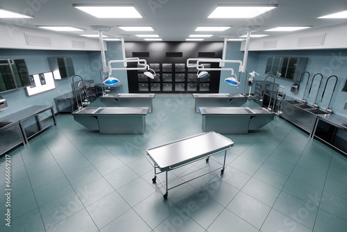 Interior of a morgue in a modern hospital. Concept death, autopsy, cause of death, funeral, funeral services. 3D illustration, 3D render, copy space.