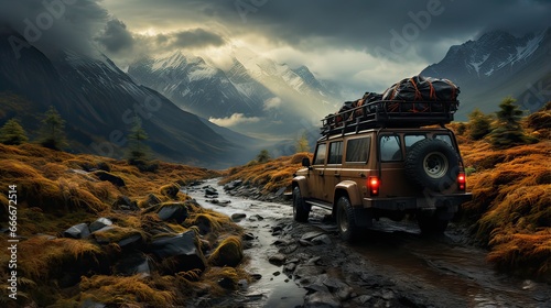 Land cruiser with mountain, lake and hiking things