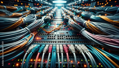 Data center with switches, internet cables, and wires close up background