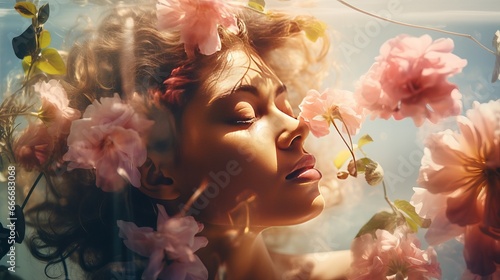 A double exposure portrait of a young, pretty woman paired with a photograph of bright spring garden flowers and leaves creates a conceptual image that demonstrates the unity of humans with
