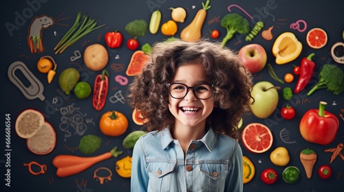 A child in a cute outfit imagines various foods on a textured wall background with a set of infographics in front of them.