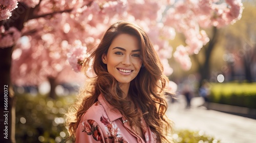 A photo showing a positive brunette smiling with spring flowers and trees. She is enjoying the outdoors in a park located on a street.