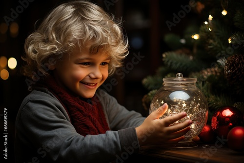Holiday glow: A child holding a jar of Christmas lights