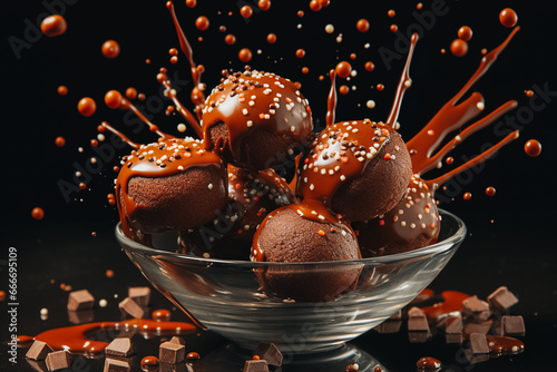 Sweet chocolate candies with floating melting caramel on a black background. Delicious dessert idea for a cafe or restaurant menu