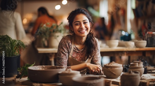 A portrait of an attractive young woman from Southeast Asia in a pottery studio.
