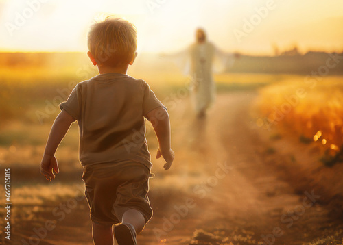 Little boy runs to Jesus