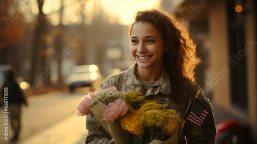 Courageous female american soldier returning home from the army