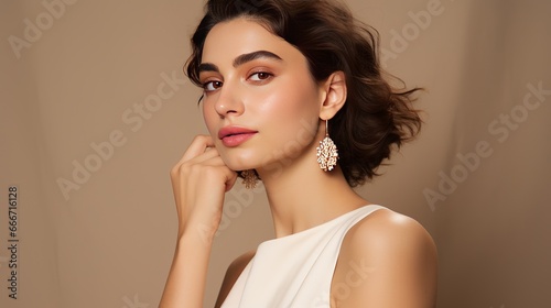 A young woman wearing stylish pearl jewelry on a beige background is beautiful