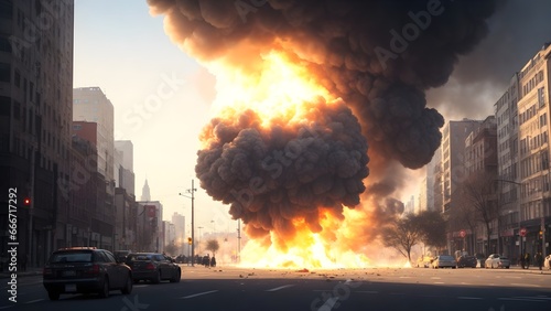 Explosion of the bomb in the city. Fire and black smoke in the city.