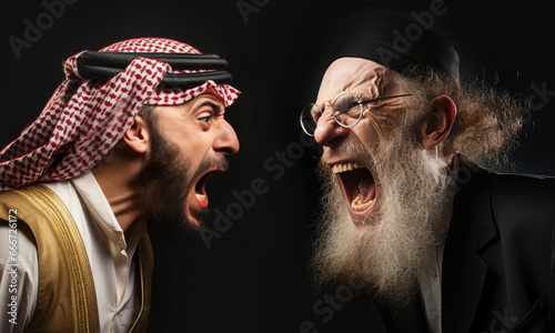 Middle East Standoff: Jewish and Arab Rivals. Arab man vs. Jewish man. Jews against Arabs. Conflict in the Middle east. War against terror. Extremists groups. Black background. Yelling, shouting