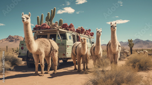 Llama caravan, in the desert with cacti, mimicking an expedition
