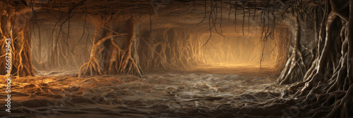 Panoramic underground view of a dense network of mycelium threads, root - like structure illuminated in soft light, dark earth surrounding
