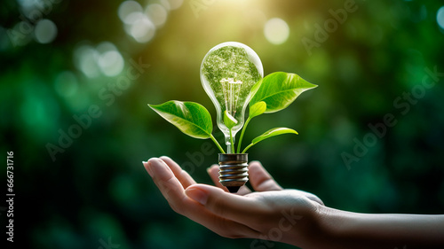 green energy concept. hand holding green plant bulb with green tree in the background