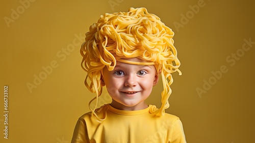 The boy was taken aback when he saw pasta on his head.