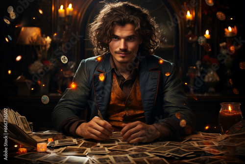 An attractive magician with his cards in his magic room looks at the camera