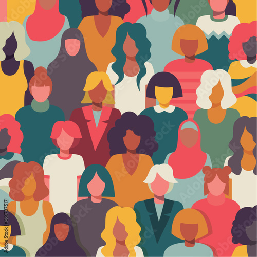 Inclusive crowd of girls and women portraits. Vector and colorful illustration. Separated items, zoom in, square.