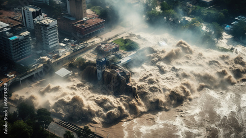 aerial view ruins of a city, a destroyed city after a disaster after an earthquake or flood