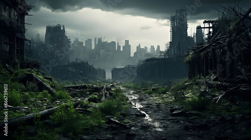 Desolation Aftermath: Post-Apocalyptic Cityscape with Crumbling Buildings City in Ruins - Perfect for Video Game Backgrounds, Film Sets, and Dystopian Narratives